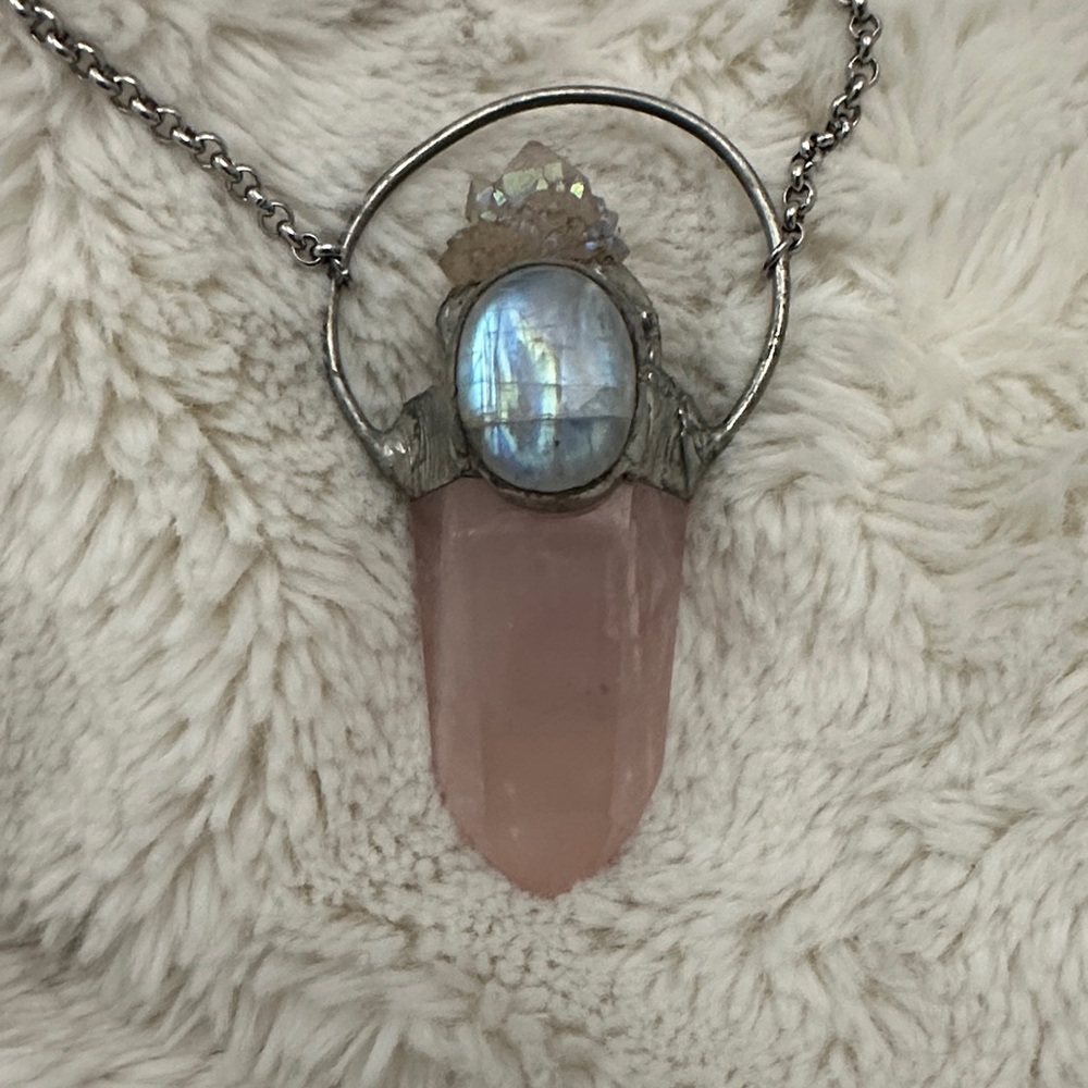 Rose Quartz Moonstone and Quartz Pendant Necklace